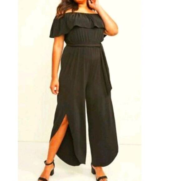 NWT Lane Bryant ruffled off the shoulder jumpsuit in black size 26/28 - Picture 1 of 9